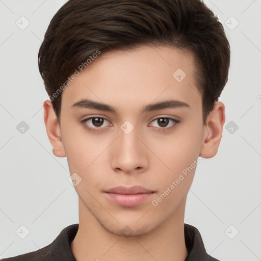 Neutral white young-adult male with short  brown hair and brown eyes