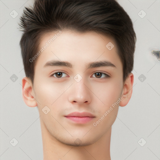 Neutral white young-adult male with short  brown hair and brown eyes