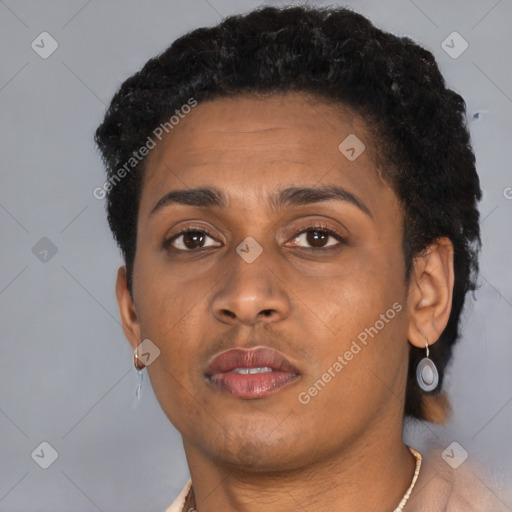 Neutral black young-adult female with short  brown hair and brown eyes