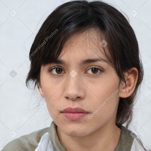 Neutral white young-adult female with medium  brown hair and brown eyes