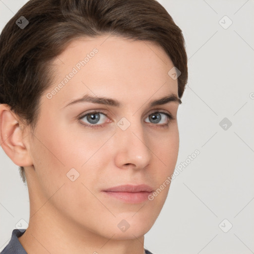 Neutral white young-adult female with short  brown hair and brown eyes