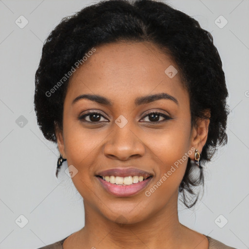 Joyful latino young-adult female with medium  black hair and brown eyes