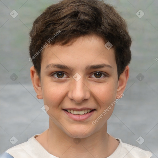 Joyful white child male with short  brown hair and brown eyes