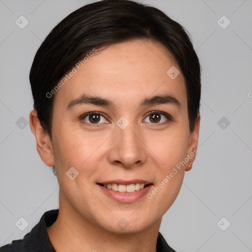 Joyful white young-adult female with short  brown hair and brown eyes