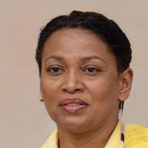 Joyful black adult female with short  brown hair and brown eyes