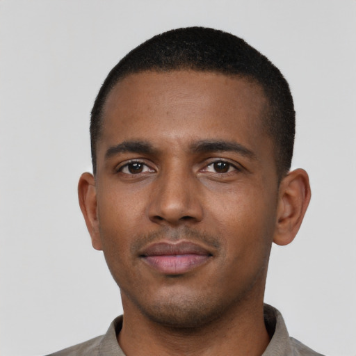 Neutral black young-adult male with short  black hair and brown eyes