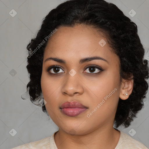 Joyful latino young-adult female with medium  black hair and brown eyes