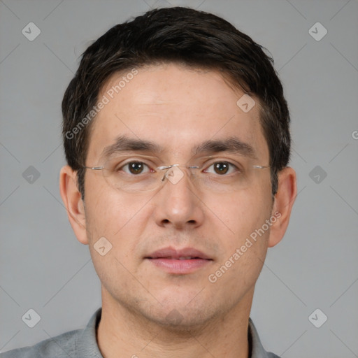 Neutral white adult male with short  brown hair and brown eyes