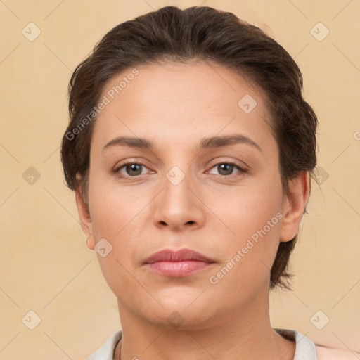 Neutral white young-adult female with short  brown hair and brown eyes