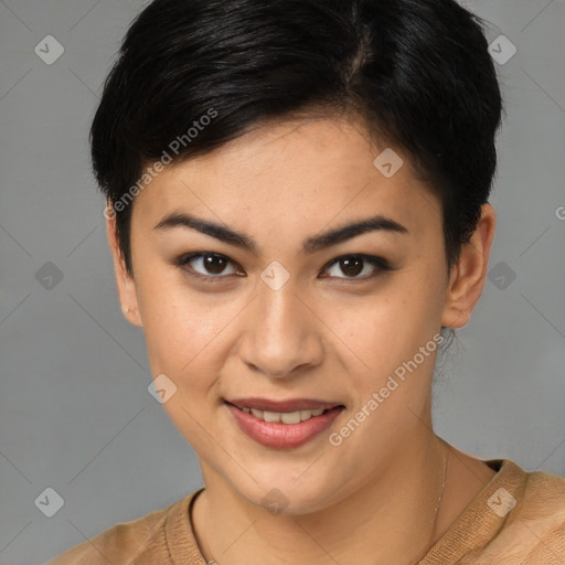 Joyful latino young-adult female with short  brown hair and brown eyes