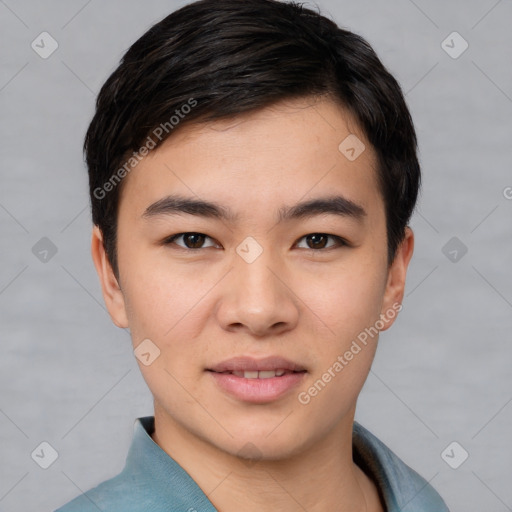 Joyful asian young-adult male with short  black hair and brown eyes