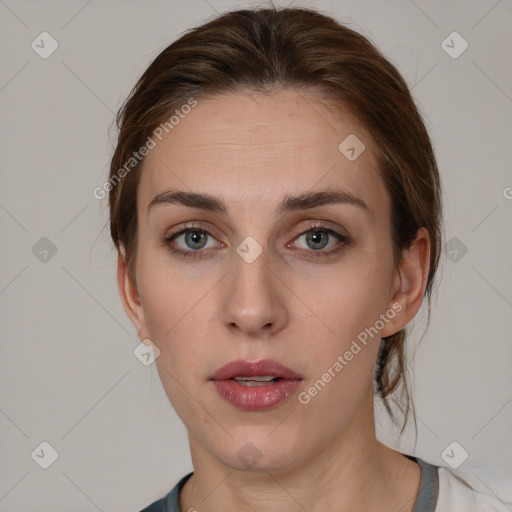 Neutral white young-adult female with medium  brown hair and brown eyes