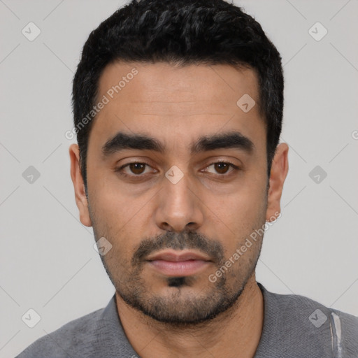Neutral latino young-adult male with short  black hair and brown eyes