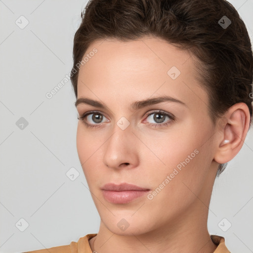 Neutral white young-adult female with short  brown hair and brown eyes