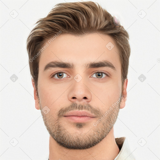 Neutral white young-adult male with short  brown hair and brown eyes