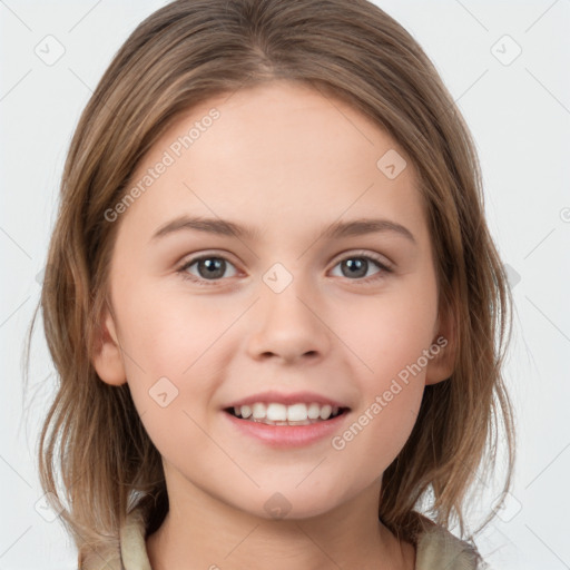 Joyful white child female with medium  brown hair and brown eyes