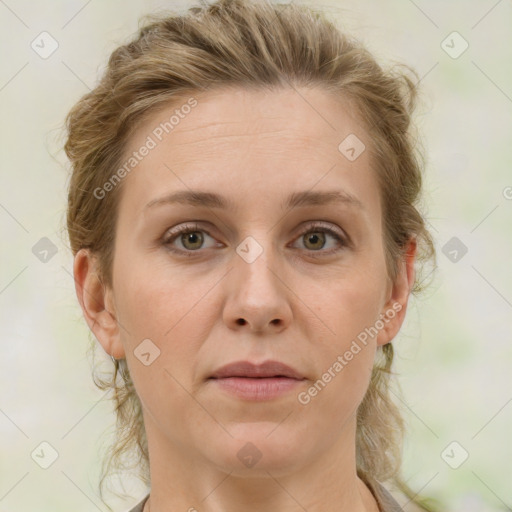 Joyful white young-adult female with medium  brown hair and green eyes