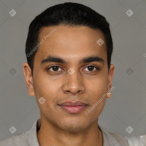 Joyful latino young-adult male with short  black hair and brown eyes