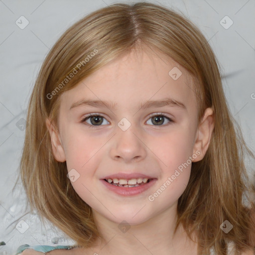 Joyful white child female with medium  brown hair and brown eyes