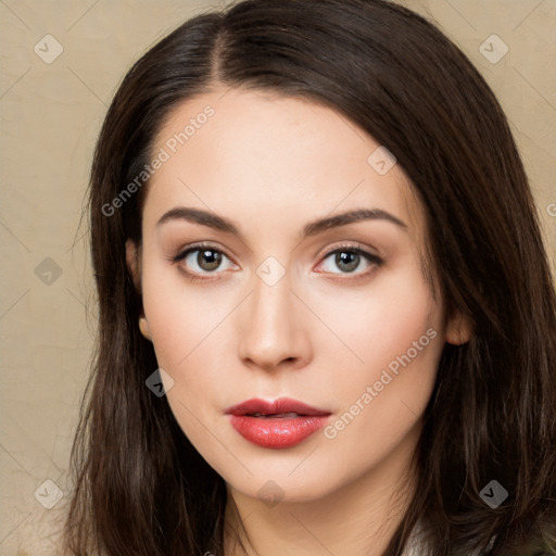 Neutral white young-adult female with long  brown hair and brown eyes