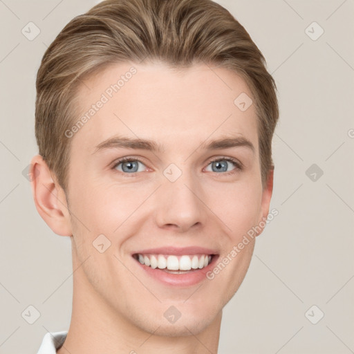 Joyful white young-adult female with short  brown hair and grey eyes