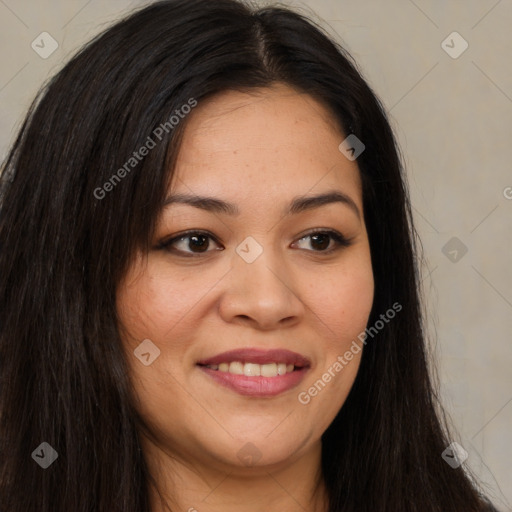 Joyful asian young-adult female with long  brown hair and brown eyes