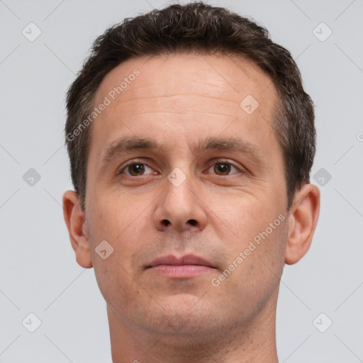 Neutral white adult male with short  brown hair and brown eyes