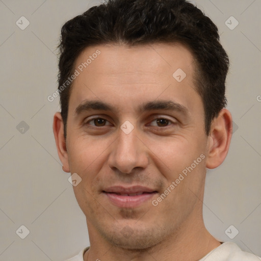 Joyful white young-adult male with short  brown hair and brown eyes