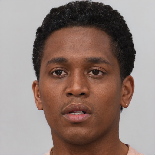 Neutral black young-adult male with short  black hair and brown eyes