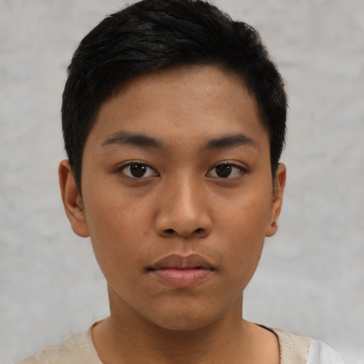Neutral asian young-adult male with short  black hair and brown eyes