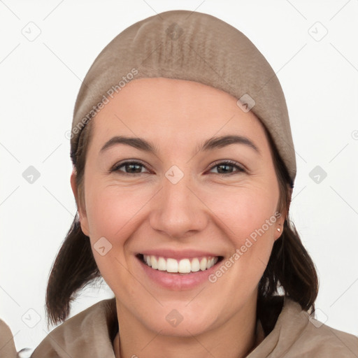 Joyful white young-adult female with medium  brown hair and brown eyes