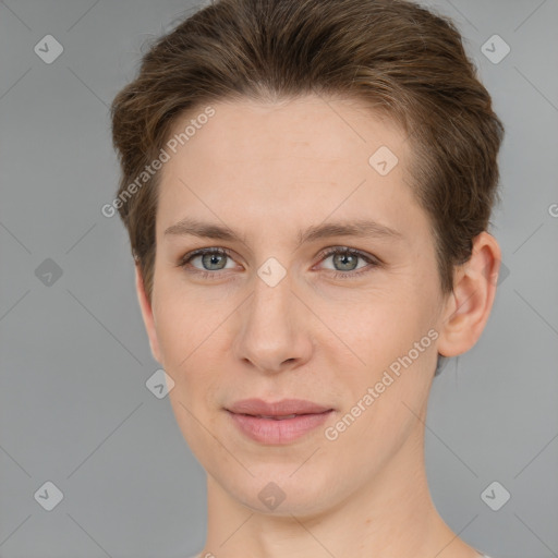 Joyful white young-adult female with short  brown hair and grey eyes