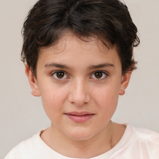 Joyful white child female with short  brown hair and brown eyes