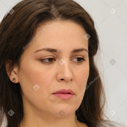 Neutral white young-adult female with long  brown hair and brown eyes