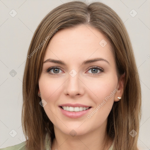 Joyful white young-adult female with medium  brown hair and green eyes