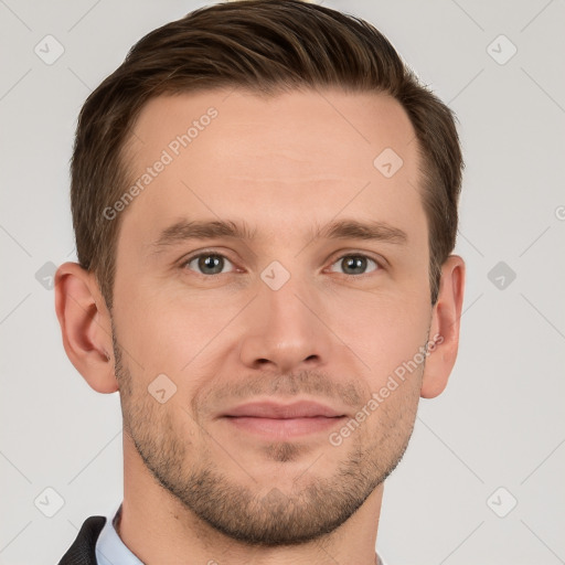 Joyful white young-adult male with short  brown hair and grey eyes