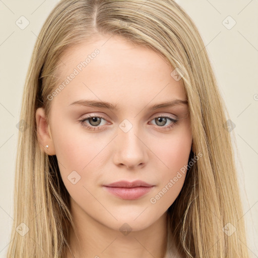 Neutral white young-adult female with long  brown hair and brown eyes