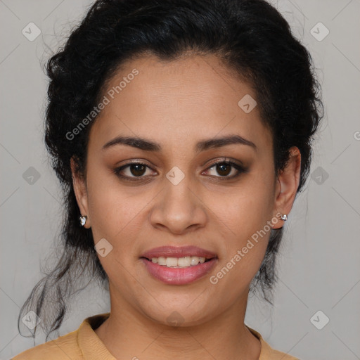 Joyful latino young-adult female with medium  brown hair and brown eyes