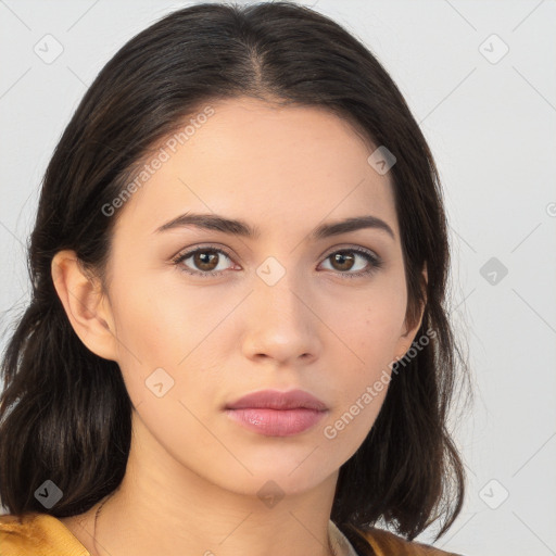 Neutral white young-adult female with medium  brown hair and brown eyes