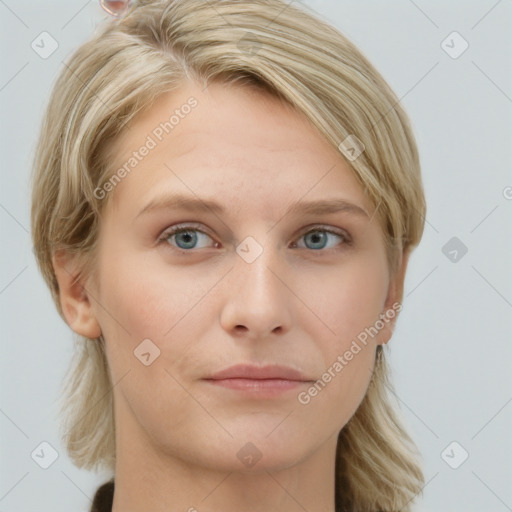 Joyful white young-adult female with medium  brown hair and blue eyes