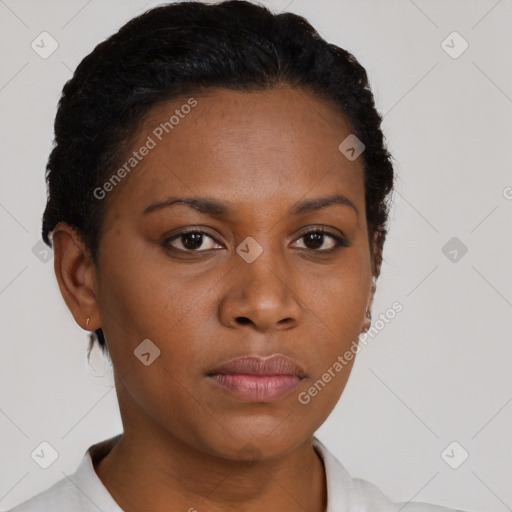 Neutral black young-adult female with short  brown hair and brown eyes