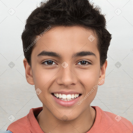 Joyful white child male with short  brown hair and brown eyes