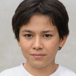 Joyful white child female with short  brown hair and brown eyes