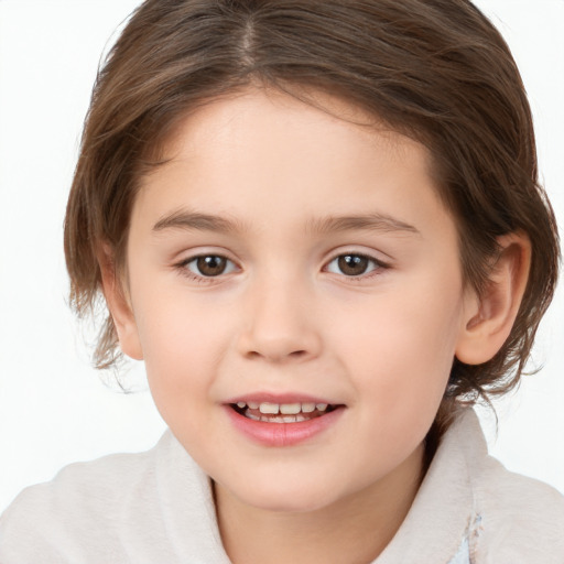 Joyful white child female with medium  brown hair and brown eyes