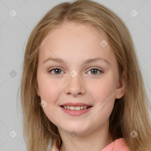 Joyful white child female with long  brown hair and brown eyes