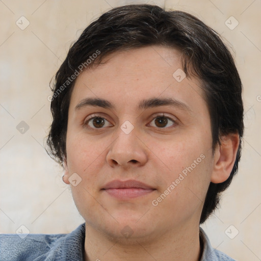 Neutral white young-adult female with medium  brown hair and brown eyes