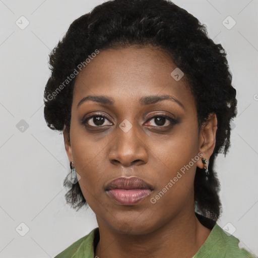 Neutral black young-adult female with short  black hair and brown eyes