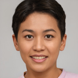 Joyful asian young-adult female with short  brown hair and brown eyes