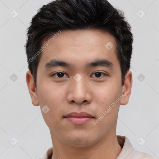 Neutral asian young-adult male with short  black hair and brown eyes