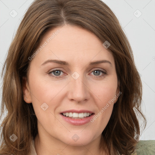 Joyful white young-adult female with medium  brown hair and green eyes